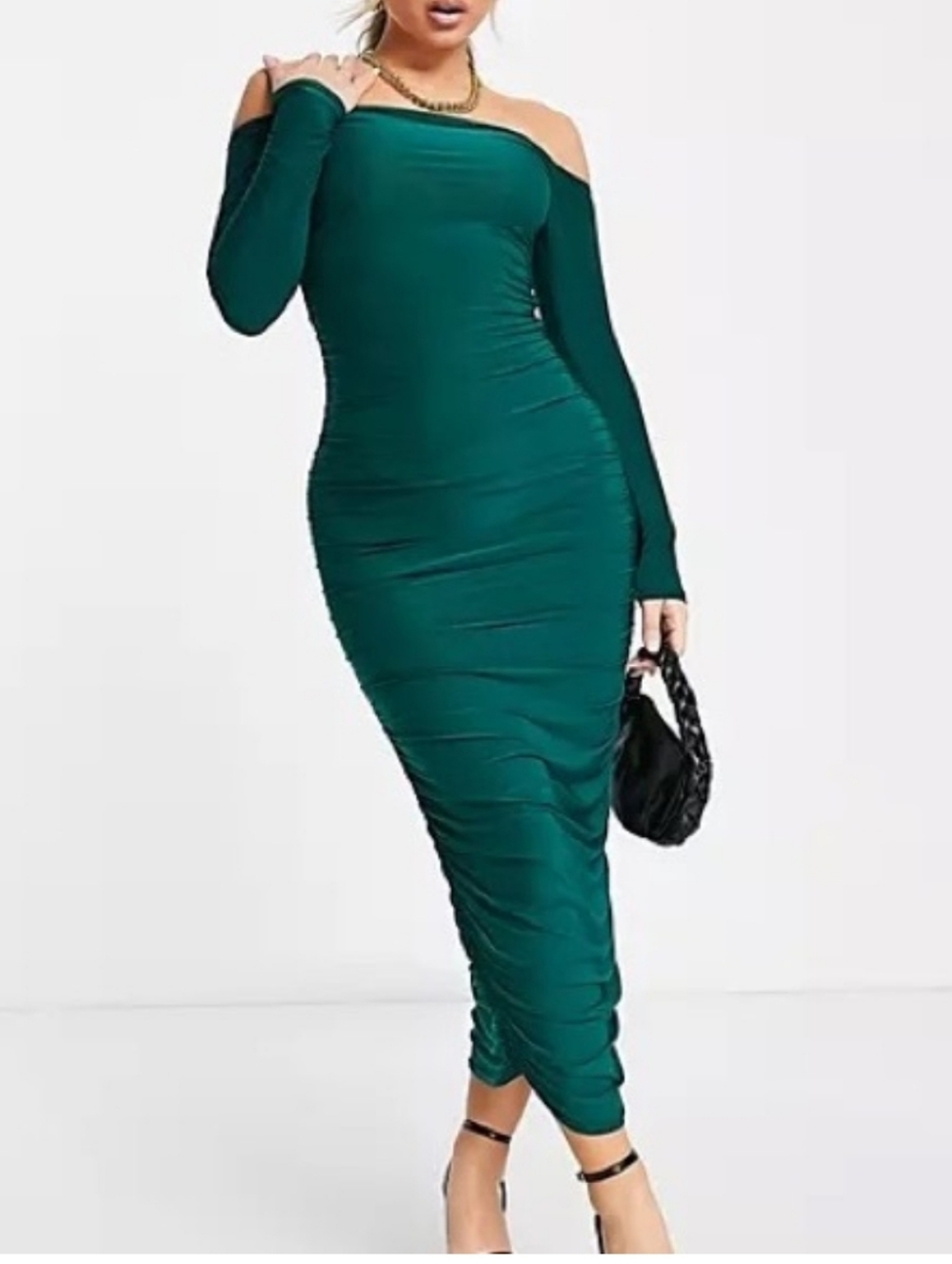 Missguided Emerald Green Off-Shoulder Ruched Midi Dress Size 12